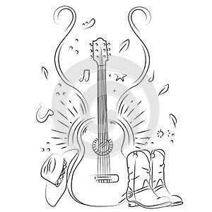 Hand drawn acoustic guitar with cowboy shoes and hat. Sketch style vector illustration.