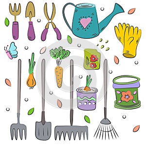 Hand drawn set of colorful  garden tools.