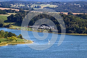 The Poehl dam on river Trieb near the town of Plauen in Saxony, Germany. Known as the Vogtland Sea, it is a popular place for