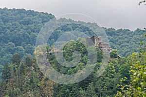Poenari Castle, known as Poenari Citadel, green mountains