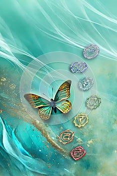 Poetic image of all seven chakras and romantic butterfly