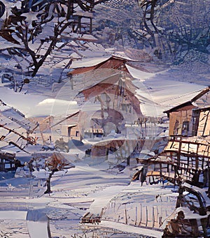 Poetical winter scene - colorful digital brush artwork photo