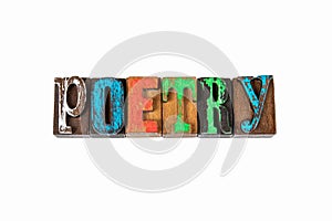 POETRY. Colored wooden letters on a white background