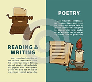 Poetry writing and reading posters of vector writer typewriter or notepad and candle