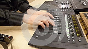 Pofessional audio equipment in audio studio with sound engineer