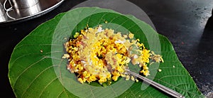 Pohe served on leaf. Staple food of India