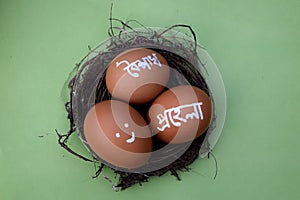 Pohela boishakh on egg. Pohela boishakh means Bengali New Year. Bengali translated character.