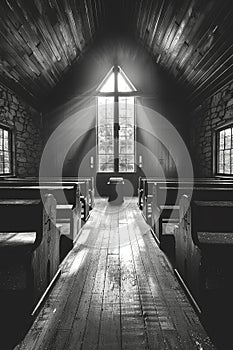 Poignant black and white photograph of quiet chapel on Good Friday.