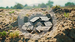 A poignant image of a broken recycle emblem embedded in parched earth, symbolizing the urgent need for environmental