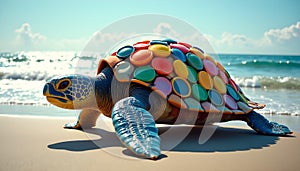 A poignant image of a giant sea turtle, its shell meticulously constructed from an array of