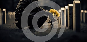 sad soldier placing flowers on a tombstone. Veterans Day, Memorial Day. sad man with yellow flowers.