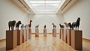 A poignant scene set in a pristine, high-ceilinged art gallery, showcases an assemblage of plastic