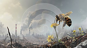 A poignant scene where a solitary bee pollinates a flower against a backdrop of industrial decay, symbolizing hope and