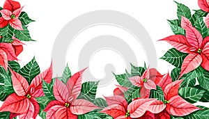 Poinsettia Christmas decoration. Border decoration card, cover web, frame print. Celebration design element. Hand painted watercol