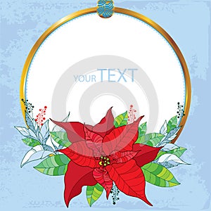 Poinsettia flower or Christmas Star with round frame in gold on the blue background. Traditional Christmas symbol.