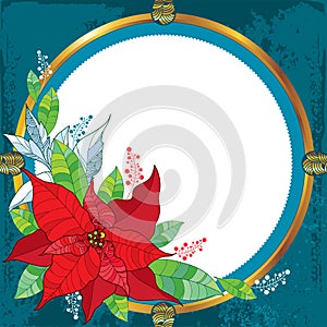Poinsettia flower or Christmas Star with round frame in gold on the textured background. Traditional Christmas symbol.