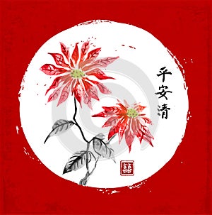 Poinsettia hand drawn with ink on red background. Christmas star flower. Traditional oriental ink painting sumi-e, u-sin