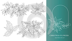 Poinsettia Line Art. Christmas Floral Frames and Bouquets Line Art