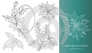 Poinsettia Line Art. Christmas Floral Frames and Bouquets Line Art