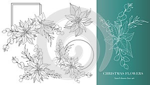 Poinsettia Line Art. Christmas Floral Frames and Bouquets Line Art