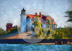 Point Betsie Lighthouse and Fog House Digital Art Painting.