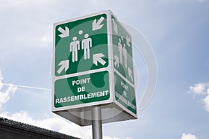 point de rassemblement french text sign means gathering assembly meeting point for emergencies and appointments panel