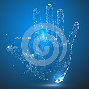 Point, line, surface connection constituted a tap gesture,Blue design background, finger point, hand vectorial effect.