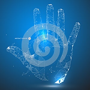 Point, line, surface connection constituted a tap gesture,Blue design background, finger point, hand vectorial effect. photo