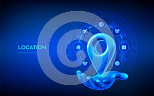 Point of location 3d icon. Pointer of map in hand. Navigation concept. Map marker sign. Gps pointer graphic element. Navigation