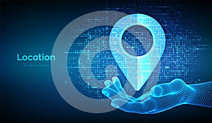 Point of location icon made with binary code in wireframe hand. Pointer of map. Gps pointer. Navigation pin point global position