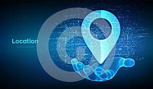 Point of location icon made with binary code in wireframe hand. Pointer of map. Gps pointer. Navigation pin point global position