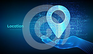 Point of location icon made with binary code in wireframe hand. Pointer of map. Gps pointer. Navigation pin point global position