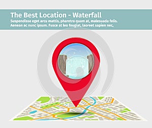 Point on the map with waterfall