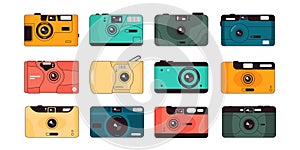 Point and shoot camera. Hipster retro camera with plastic lens, old travel photography equipment for photo shoot. Vector