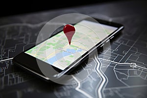 Point on smartphone with GPS navigator icon and map AI generated
