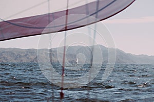 Point of view of a sailboat travelling through the Sea of Cortez in Baja, Mexico