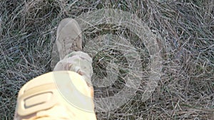 Point of view to female feet of ukrainian soldiery going in brown boots through dry grass at countryside. Legs of young