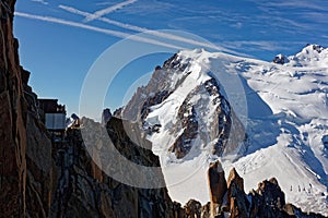 Pointe Lachenal, Chamonix, south-east France, Auvergne-RhÃ´ne-Alpes. Views from cable car towards Pointe Lachenal with Mont Blanc