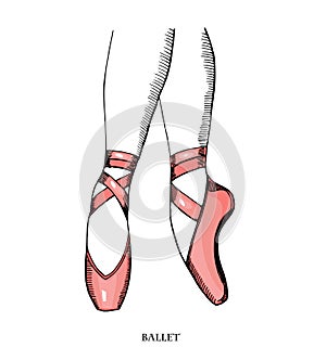 Pointe shoes, sketch hand drawn illustration. Ballerina on the pink pointes.Artist or woman in the ballet studio.