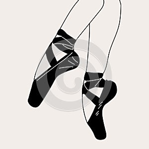 Pointe shoes, sketch hand drawn illustration. Ballerina on the pink pointes in monochrome style.