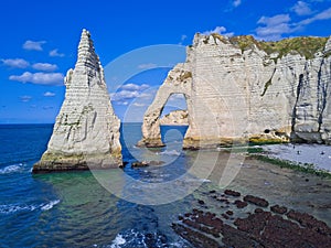 The pointed formation called L`Aiguille or the Needle and Porte d`Aval at Etretat, north western France