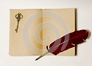 Pointed nib feather vintage pen, old craft paper open sketchbook notebook, photo on isolated white background