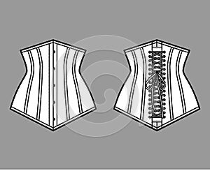 Pointed waist cincher back laced longline corsetry lingerie technical fashion illustration with bones Flat belt template