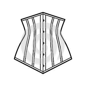 Pointed waist cincher back laced longline corsetry lingerie technical fashion illustration with bones Flat belt template