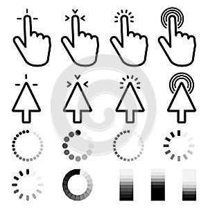 Pointer click icon big collection. Clicking cursor, pointing hand clicks and waiting loading icons. Vector