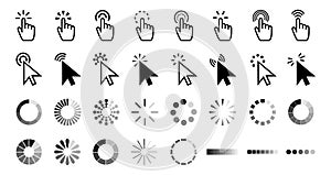 Pointer click icon. Clicking cursor, pointing hand clicks and waiting loading icons vector collection