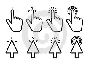 Pointer click icon set. Clicking cursor, pointing hand clicks and waiting loading icons. Vector