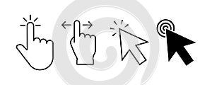 Pointer click icon. Vector isolated elements. Clicking cursor. Wait loading icon. Hand finger click. Website arrow, cursor tools.