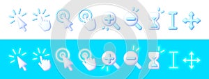 Pointer click icons 3D vector. Set of clicking cursor 3D, pointing hand clicks. Mouse click cursor collection. Vector