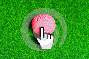 Pointer Cursor Clicks Human Brain Placed on a Green Lawn